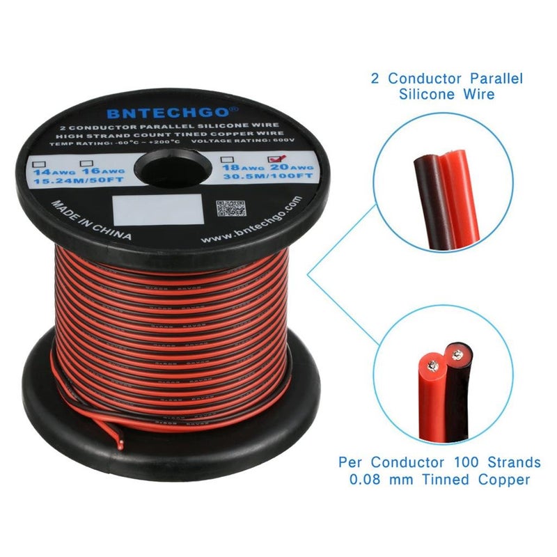 BNTECHGO 20 Gauge Flexible 2 Conductor Parallel Silicone Wire Spool Red Black High Resistant 200 deg C 600V for Single Color LED Strip Extension Cable Cord,Model,100ft Stranded Tinned Copper Wire - Image 2